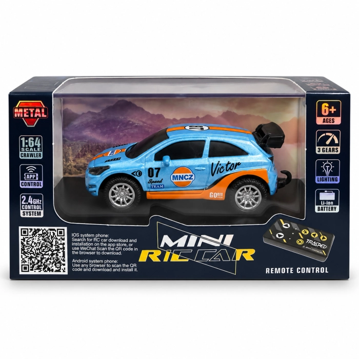 Niebiesko-pomarańczowy mini samochód RC 1:64 z pilotem
